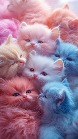 A delightful group of fluffy kittens rests peacefully in a pile, showcasing their soft pastel fur in shades of pink, blue, cream, and lavender while basking in the warm sunlight.の素材