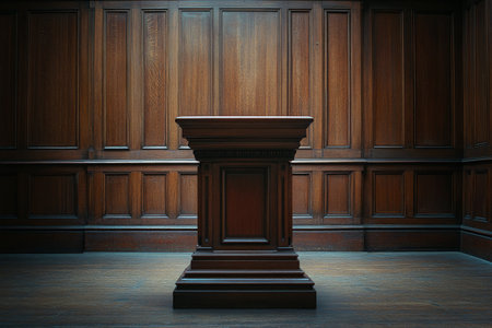 A wooden podium stands prominently in a beautifully designed room adorned with rich wooden paneling and warm ambient lighting. The atmosphere exudes professionalism.の素材
