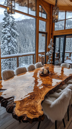 A striking wooden dining table made from natural wood features sleek chairs arranged around it in a warm cabin.の素材