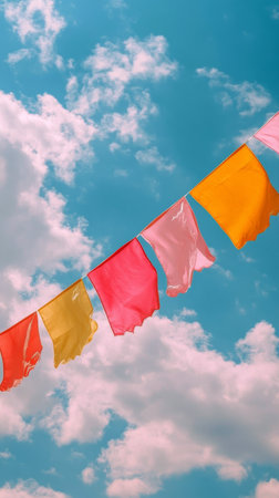 Colorful flags hang between upper branches, swaying gently in the breeze against a vibrant blue sky filled with fluffy white clouds, creating a festive atmosphere on a sunny day.の素材