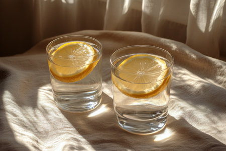 Two clear glasses filled with lemonade sit on a light fabric. Each glass is topped with a lemon slice, capturing the warmth of the afternoon sun.の素材