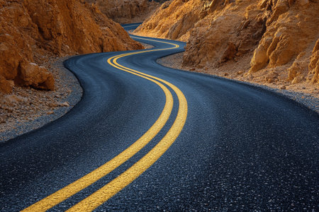 A winding road snakes through rugged mountains, surrounded by rocky cliffs and overcast skies. The surface glistens, indicating recent rain, reflecting the natural beauty of the area.の素材