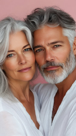 A loving couple stands closely together, showing their stylish gray hair and warm expressions. They wear casual, light colored clothing while the soft pink background adds a romantic touch.の素材