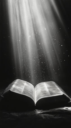 An open book floats above a wooden surface, releasing shimmering golden particles into the air. Sunlight streams through windows, creating a magical atmosphere in the room.の素材