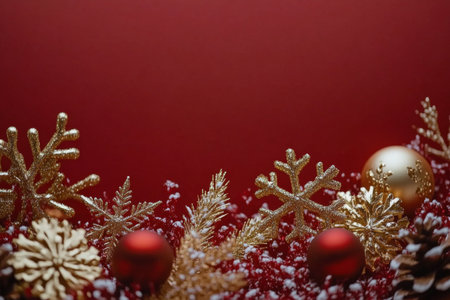 The warm hues of red and gold create a cheerful atmosphere. Delicate golden snowflakes are arranged among seasonal decorations, enhancing the festive feeling during the holidays.の素材