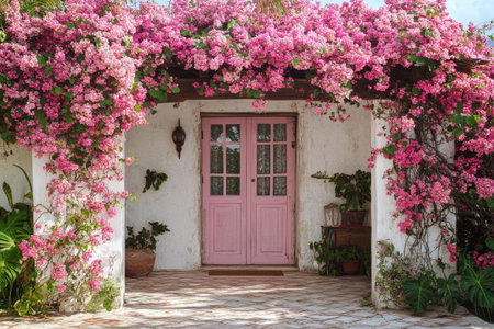 Bright pink bougainvillea flowers cascade over a whitewashed wall, leading to a calm, turquoise sea. The scene captures a tranquil moment by the coast, perfect for relaxation on a sunny day.の素材