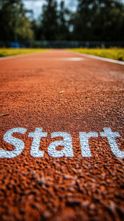 The focus highlights a red running track with a safety message painted on it. The blurred background shows trees under overcast skies, suggesting a quiet outdoor space.の素材