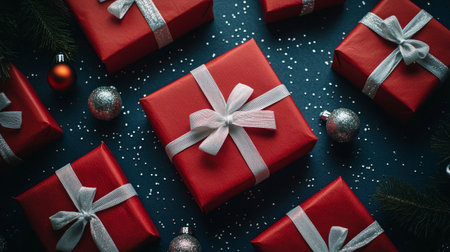 Beautifully arranged red gift boxes with white bows surrounded by silver ornaments and delicate winter foliage create a festive atmosphere perfect for holiday celebrations and gatherings.の素材