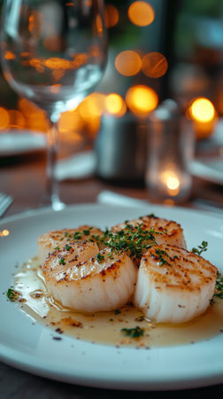 A plate featuring perfectly grilled scallops garnished with herbs sits on a table. The soft glow of ambient lights creates a warm atmosphere for an enjoyable dining experience.の素材