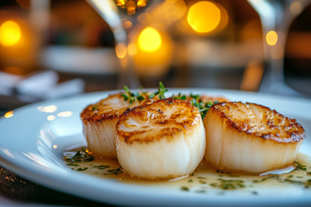 Tender scallops are perfectly seared, placed on a white plate, garnished with herbs, and presented in an elegant candlelit atmosphere, creating a delectable dining experience.の素材