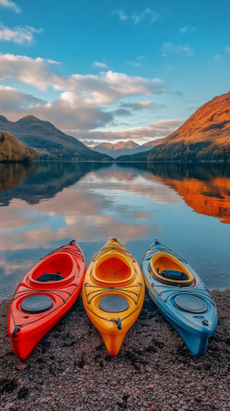 Three brightly colored kayaks rest on a rocky shore beside a calm lake. The sun sets, casting a warm glow over the distant mountains and reflecting on the waters surface.の素材