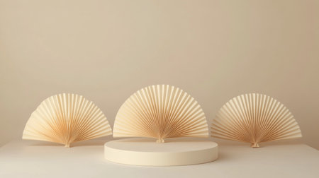 Three beautifully crafted paper fans in soft beige tones are arranged on a round pedestal. The neutral background enhances the elegance of the fans. The setting conveys simplicity and style.の素材