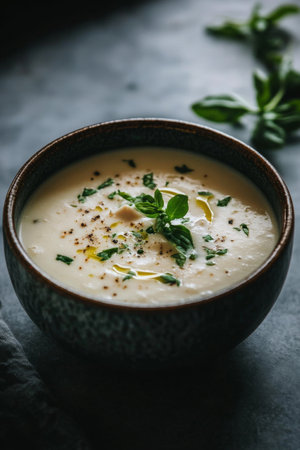 A black bowl holds creamy soup, garnished with fresh herbs and cracked pepper. The dish sits on a textured surface, showing a simple yet elegant presentation perfect for a cozy meal.の素材