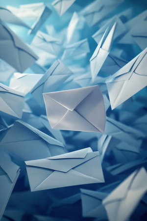 A vibrant arrangement of blue envelopes creates a striking visual with one envelope standing out among the cluster. The scene evokes themes of communication and connection.の素材