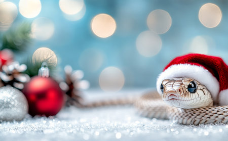 A snake with a red Santa hat is positioned on a snow covered surface, close to a decorated Christmas tree. Soft winter lights create a magical atmosphere for the festive season.の素材