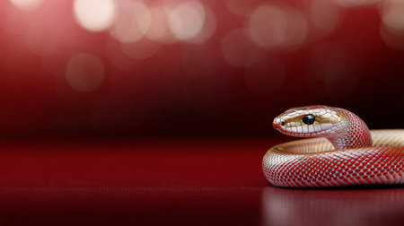 Two golden snakes with smooth scales curve elegantly against a bright red backdrop. The color contrast enhances the snakes features, showing their anatomy and textures.の素材