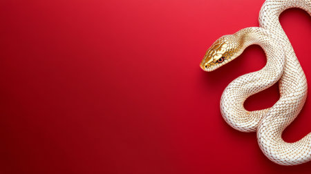 Two golden snakes with smooth scales curve elegantly against a bright red backdrop. The color contrast enhances the snakes features, showing their anatomy and textures.の素材