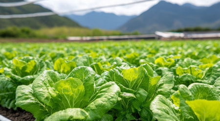 Rows of vibrant green lettuce thrive in a sunny field surrounded by distant mountains. The plants bask in warm sunlight, showcasing their healthy, crisp leaves.の素材