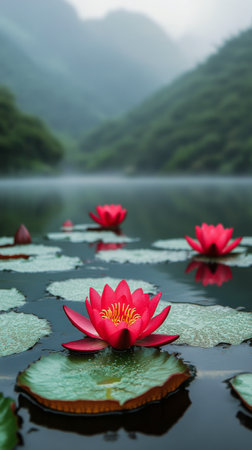 Red lotus flowers emerge gracefully from calm water, surrounded by green lily pads. The misty mountains create a serene, peaceful atmosphere in the early morning light.の素材