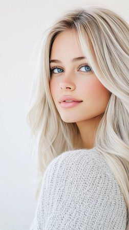A young woman with long, flowing blonde hair and captivating blue eyes gazes over her shoulder. She is wearing a light knit sweater, creating a warm and inviting atmosphere.の素材