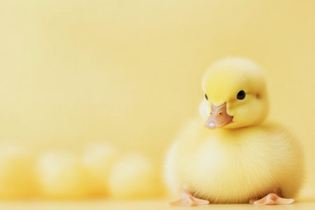 A small yellow duckling with soft feathers sits calmly on a yellow surface. The warm lighting creates a gentle atmosphere, enhancing the ducklings adorable features alongside blurred out siblings.の素材