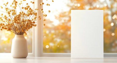 A blank card rests on a wooden table beside a white vase filled with dried flowers. The soft bokeh background creates a warm, inviting atmosphere perfect for personal notes.の素材