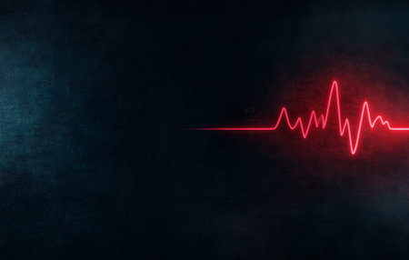 A vibrant pink heartbeat waveform is displayed against a dark, blurred background, creating a striking visual effect. The glowing lines reflect energy and vitality, suggesting movement.の素材