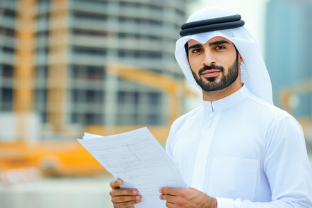 A man dressed in traditional attire stands confidently while reviewing construction documents. He is surrounded by a developing construction site with cranes in the background.の素材
