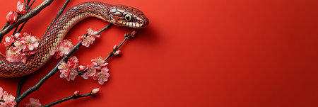 A black snake curls around delicate pink blossoms, set against a vibrant red background. The contrast highlights the intricate details of both the snake and the flowers, creating a striking visual.の素材