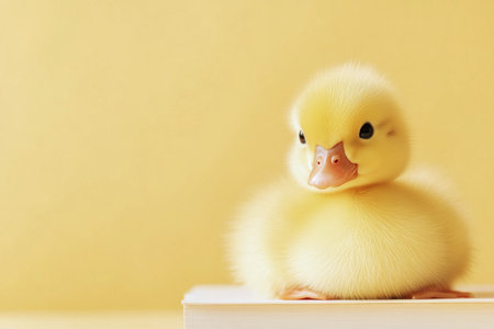 A small yellow duckling with soft feathers sits calmly on a yellow surface. The warm lighting creates a gentle atmosphere, enhancing the ducklings adorable features alongside blurred out siblings.の素材