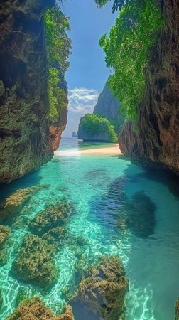 A pristine bay is surrounded by lush green cliffs and rocky formations. The clear turquoise water reflects the sunlight, creating a serene atmosphere perfect for relaxation.の素材