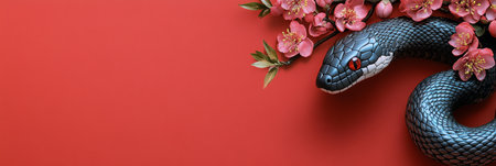 A black snake curls around delicate pink blossoms, set against a vibrant red background. The contrast highlights the intricate details of both the snake and the flowers, creating a striking visual.の素材
