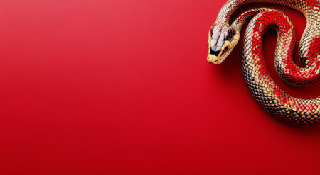 A vividly colored snake rests curled on a bright red surface, showing intricate patterns and scales. The contrast of colors creates an eye catching display perfect for artistic purposes.の素材