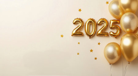 Golden balloons and large 2025 numbers set against a light backdrop create a festive atmosphere for New Year celebrations. Shimmering stars enhance the celebratory theme for welcoming the new year.の素材