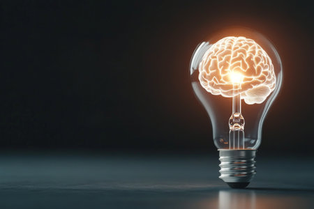 A light bulb showcases a luminous brain in its interior, representing the fusion of intelligence and creativity. This visual encapsulates ideas of innovation and inspiration.の素材