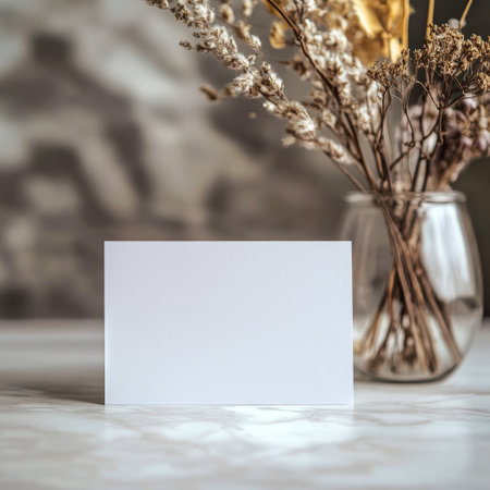 A blank card sits on a smooth table, accompanied by a vase containing dried flowers, creating a minimalist decor in a bright, modern room with soft lighting.の素材
