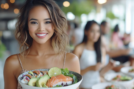 A vibrant bowl features sliced fresh salmon, creamy avocado, and a mix of vegetables, garnished with lime wedges and sesame seeds, perfect for a nutritious meal.の素材