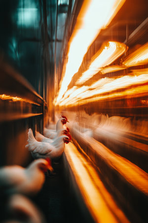 A group of chickens is seen in a barn, softly illuminated by warm light. The chickens appear calm and are nestled together in their cozy surroundings, enjoying the evening atmosphere.の素材