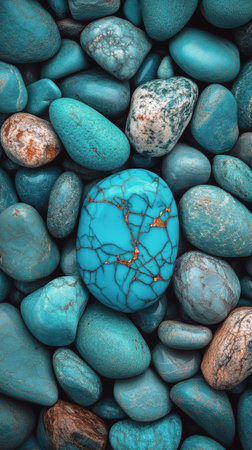 A collection of smooth stones displays a stunning array of blue and brown hues. These natural stones can be used in landscaping, art projects, or as decorative elements in various settings.の素材