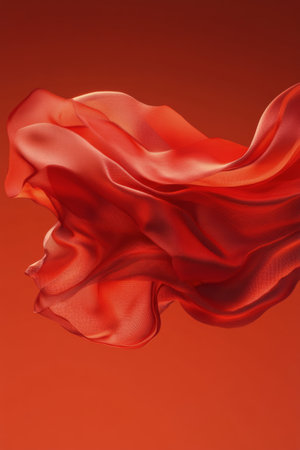 A vibrant red fabric floats gracefully in mid air, illuminated by a warm orange background. The delicate folds and waves of the fabric create a sense of movement and energy, captivating the viewer.の素材