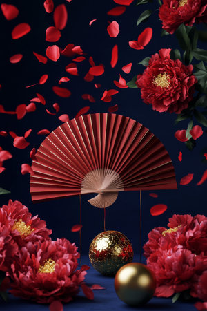 A striking red fan is displayed against a deep blue background, surrounded by red rose petals and lush flowers. Golden decorative spheres add elegance to the composition.の素材