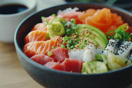 A vibrant bowl features sliced fresh salmon, creamy avocado, and a mix of vegetables, garnished with lime wedges and sesame seeds, perfect for a nutritious meal.の素材
