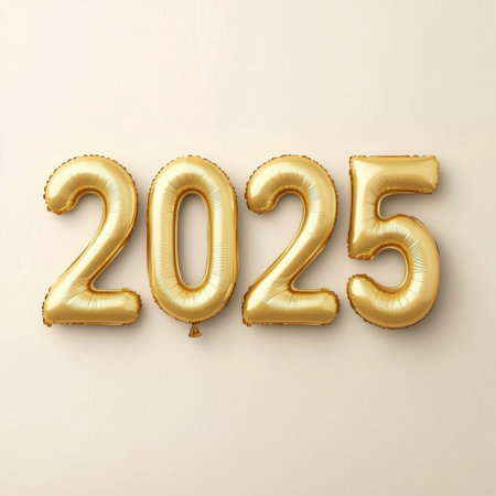 Large gold balloons shaped like the numbers 2025 are arranged against a soft neutral background, perfect for parties or celebrations welcoming the new year.の素材