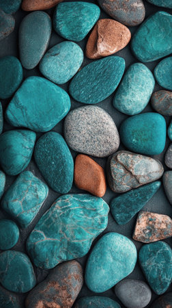 A collection of smooth stones displays a stunning array of blue and brown hues. These natural stones can be used in landscaping, art projects, or as decorative elements in various settings.の素材