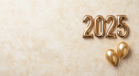 Golden balloons and large 2025 numbers set against a light backdrop create a festive atmosphere for New Year celebrations. Shimmering stars enhance the celebratory theme for welcoming the new year.の素材