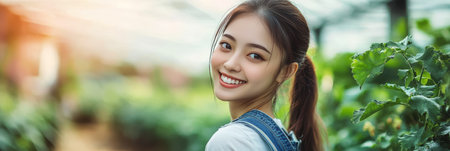 A young woman stands in a greenhouse, beaming with joy. Sunlight filters through the glass roof, illuminating the greenery around her as she enjoys her time among the plants.の素材