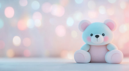 A cute bear with pastel colors sits upright, featuring a gentle expression. The background presents a smooth gradient in soft shades, enhancing a peaceful atmosphere.の素材