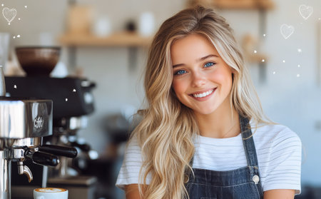A young woman with long, blonde hair stands at the counter of a warm and inviting cafe. She wears a casual outfit with denim overalls and has a bright smile, creating a friendly atmosphere.の素材