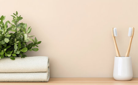 Soft towels are neatly stacked next to a lush plant, while a simple container holds two toothbrushes. This inviting bathroom atmosphere promotes relaxation and self care.の素材
