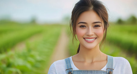 A young woman with long hair smiles brightly while wearing denim overalls in a lush green field. The sun shines softly, creating a warm and inviting atmosphere around her.の素材